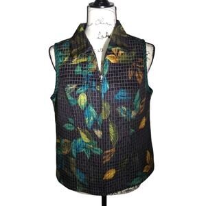 Reversible Zip Up Vest Christopher & Banks Petite Small Teal or Black Leaf Print